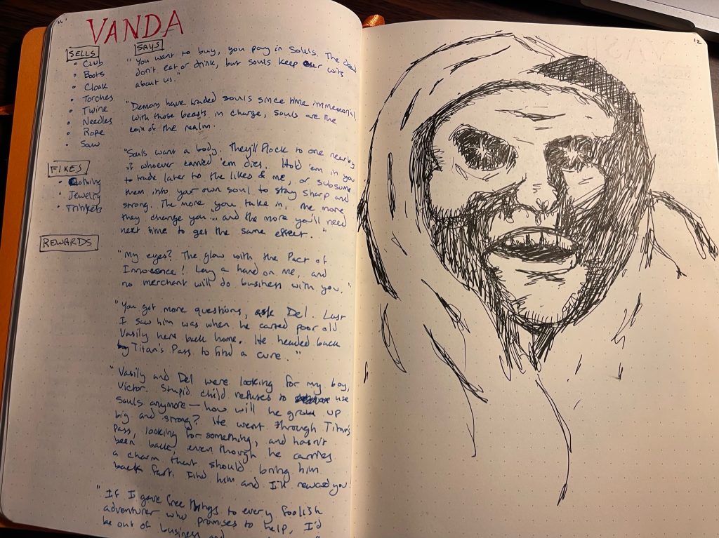 Notebook spread of Vanda, an undead merchant. Text on left page notes inventory and dialog; sketch on right-hand page is of a hooded, old woman with glowing eyes.
