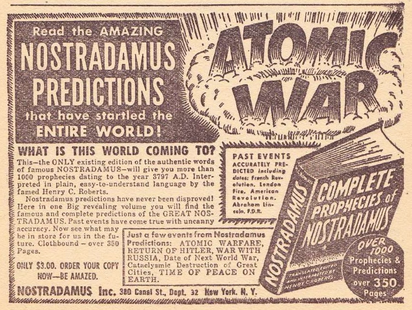 An ad for "Complete Prophecies of Nostradamus"