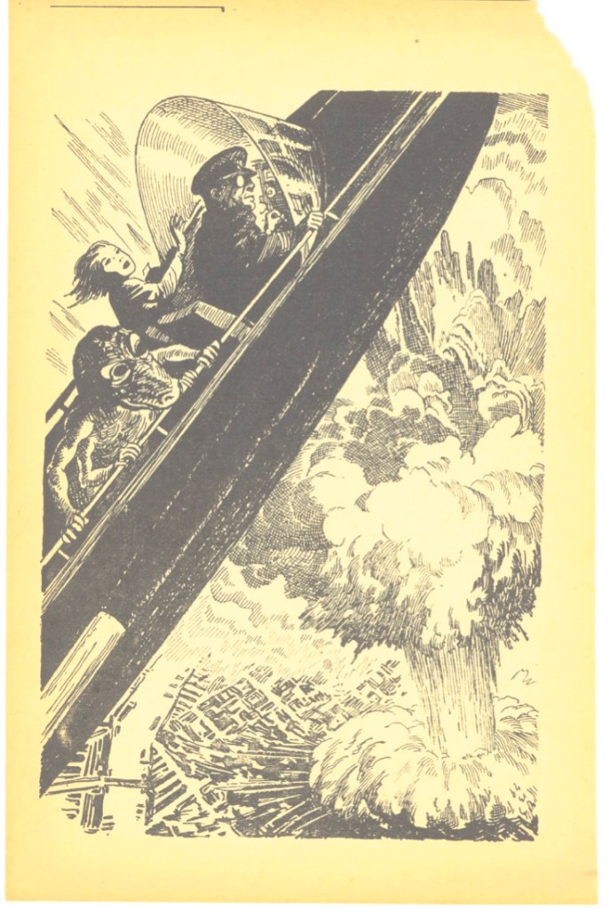 Flying car with a man, a young woman, and a four-armed alligator, flying over a mushroom cloud