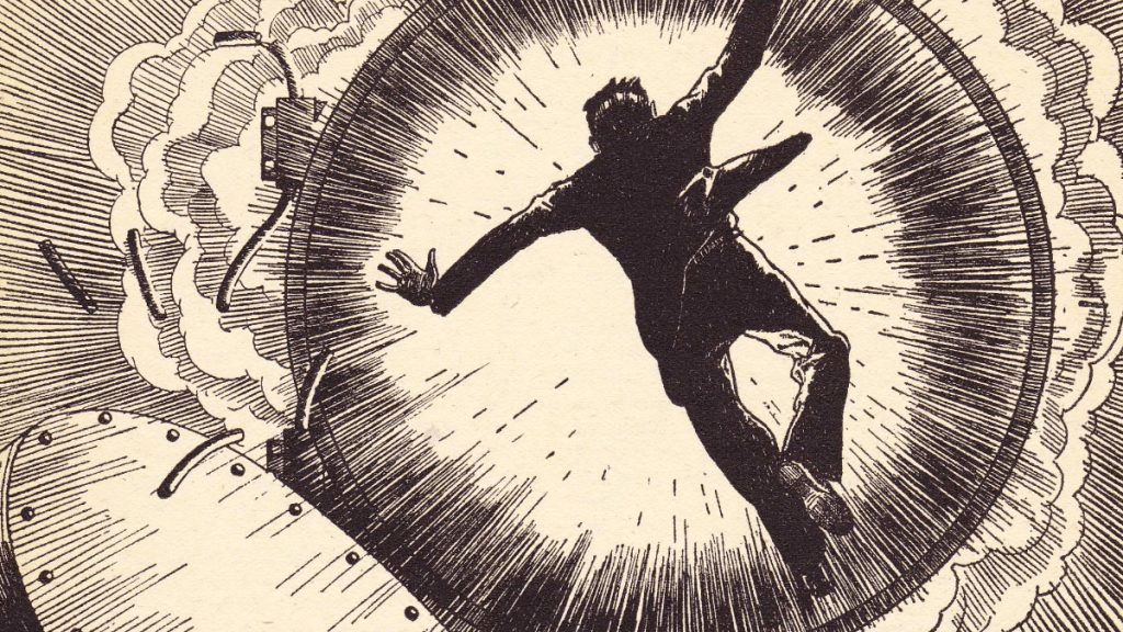 Silhouette of man opening vault door to face explosion