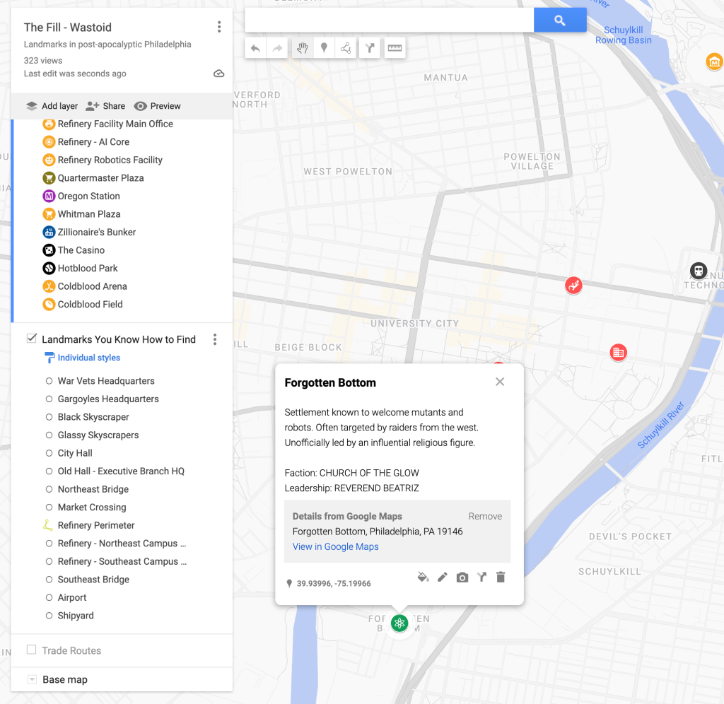 Custom Google Map of post-apocalyptic Philadelphia